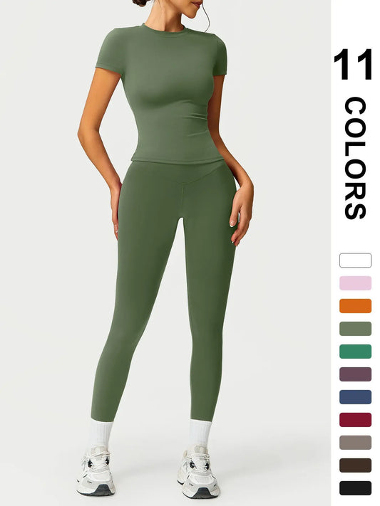 Women'S Two-Piece round Neck Tee & High Waist Leggings Set, Sportswear Set, Sporty Breathable Quick-Drying Outfits for Yoga Gym Workout Running Cycling Wear